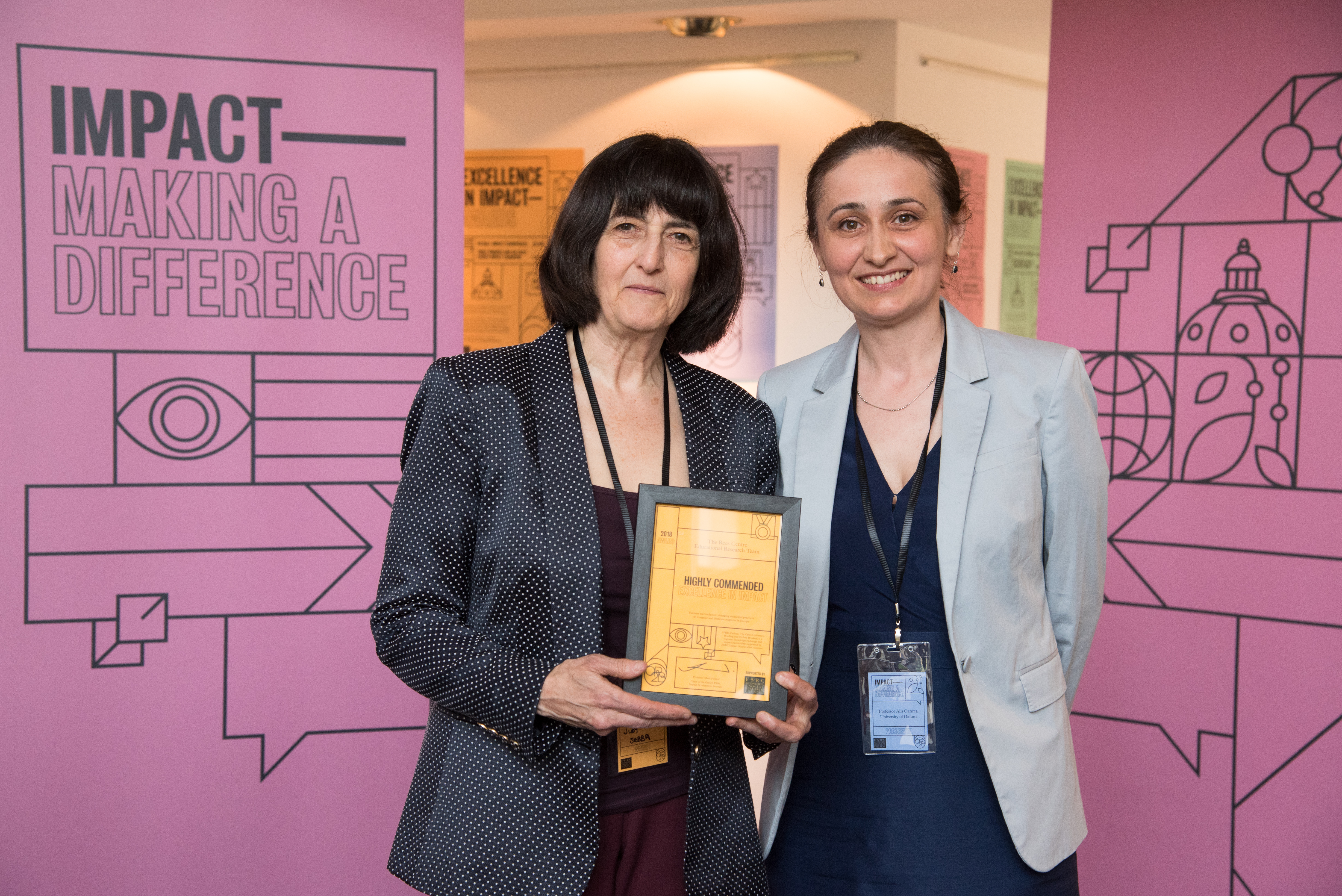Professors Judy Sebba and Alis Oancea at the 2018 O2RB Excellence in Impact Awards