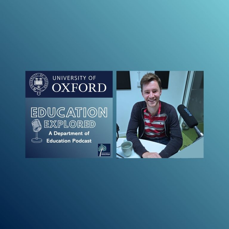 Education Explored logo and Luke Brewer in the podcast room.